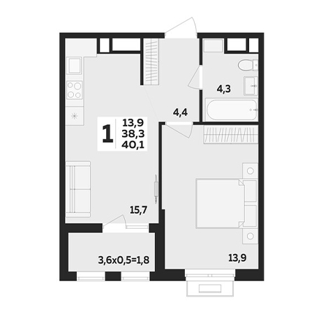 1 комнатная 40.1м²