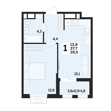 1 комнатная 39.5м²