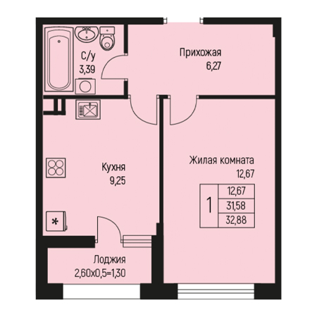 1 комнатная 32.88м²