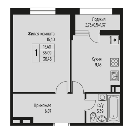 1 комнатная 36.46м²