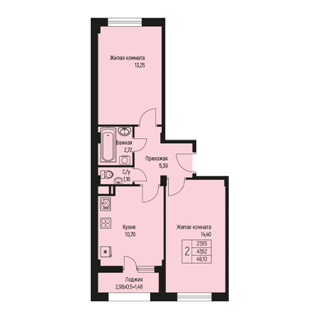 2 комнатная 49.1м²