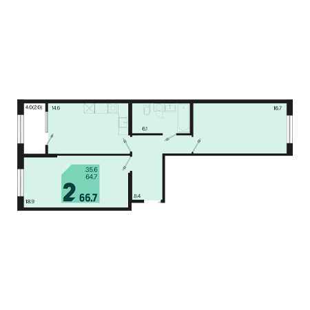 2 комнатная 66.7м²