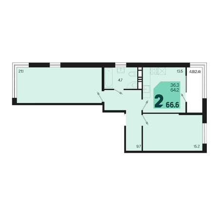 2 комнатная 66.6м²