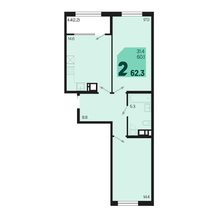 2 комнатная 62.3м²