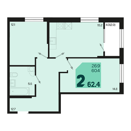 2 комнатная 62.4м²