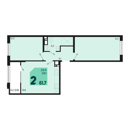 2 комнатная 61.7м²