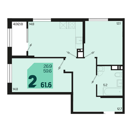 2 комнатная 61.6м²