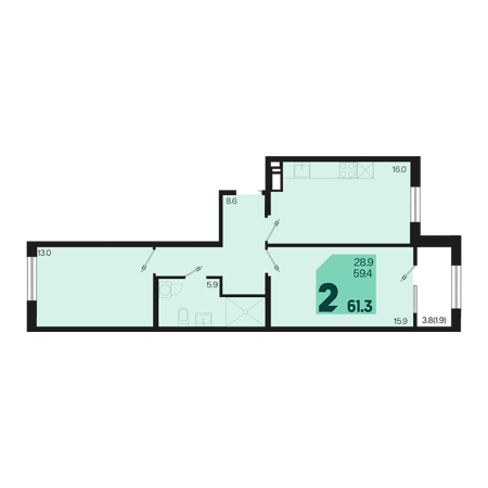 2 комнатная 61.3м²