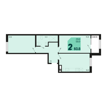 2 комнатная 60.8м²