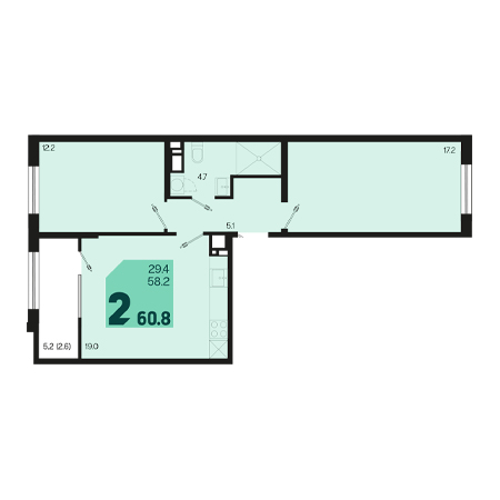 2 комнатная 60.8м²