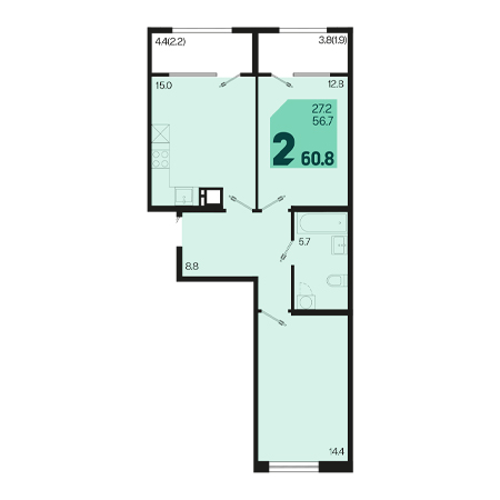 2 комнатная 60.8м²