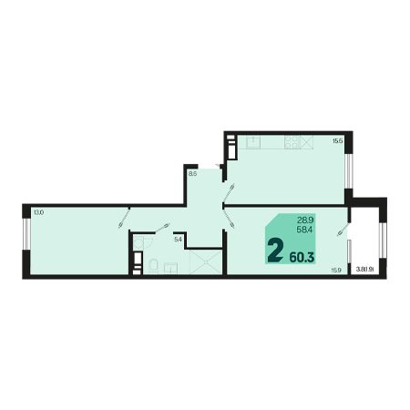 2 комнатная 60.3м²