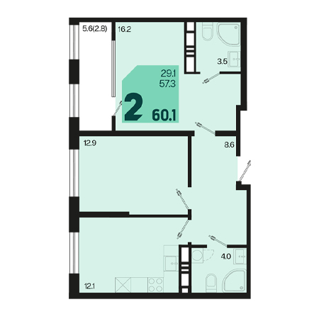 2 комнатная 60.1м²