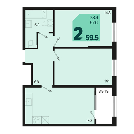 2 комнатная 59.5м²