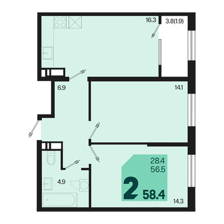 2 комнатная 58.4м²