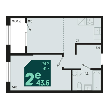 2 комнатная 43.6м²