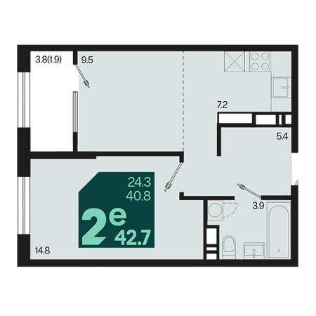 2 комнатная 42.7м²