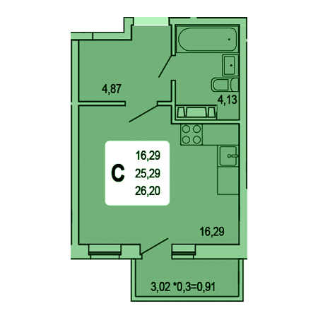 Студия 26.2м²