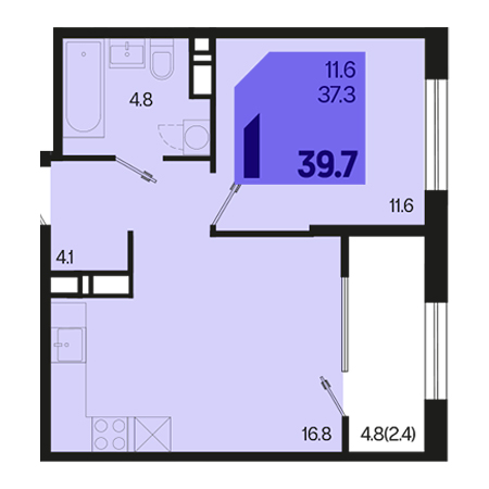 1 комнатная 39.7м²