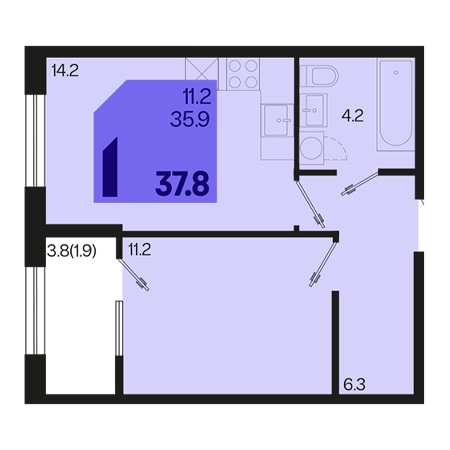 1 комнатная 37.8м²