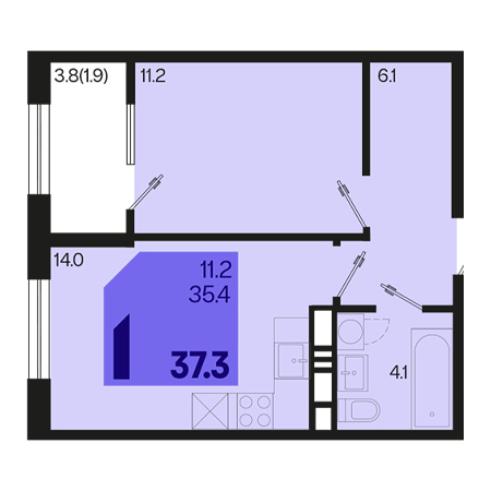 1 комнатная 37.3м²