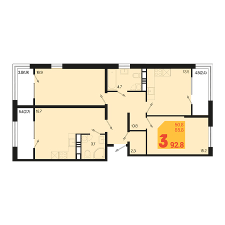 3 комнатная 92.8м²