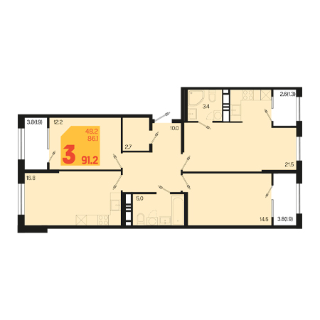 3 комнатная 91.2м²