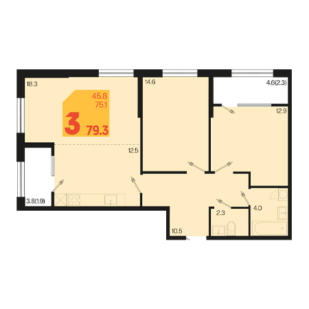 3 комнатная 79.3м²