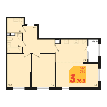 3 комнатная 76.8м²