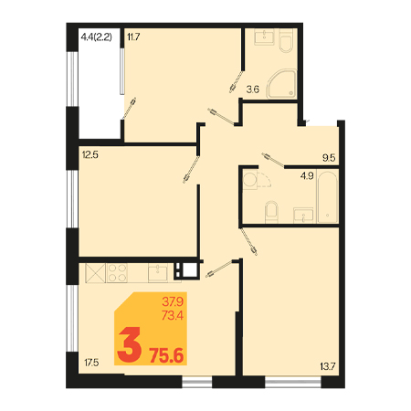 3 комнатная 75.6м²