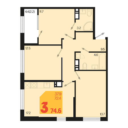 3 комнатная 74.6м²