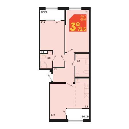 3 комнатная 72.5м²