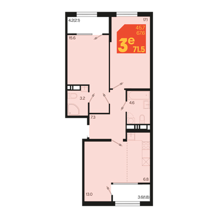 3 комнатная 71.5м²