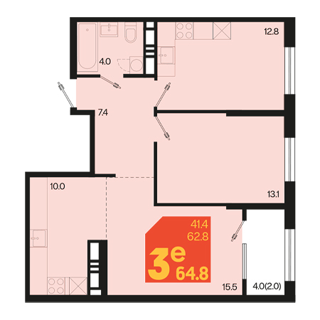 3 комнатная 64.8м²