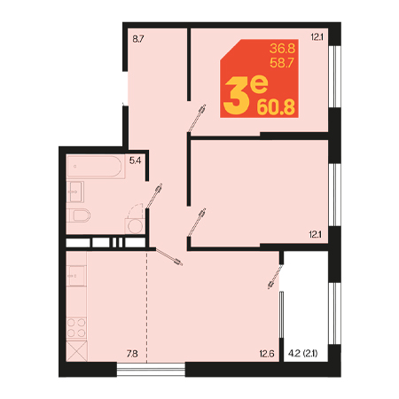 3 комнатная 60.8м²