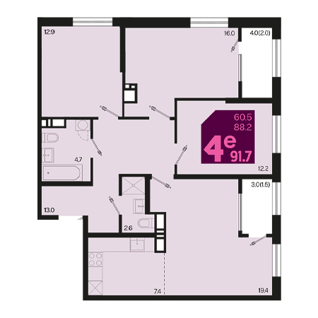 4+ комнат 91.7м²