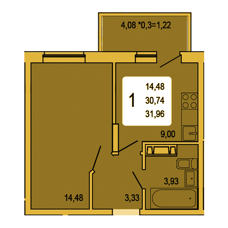 1 комнатная 31.96м²