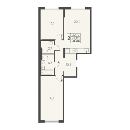 2 комнатная 69.00м²