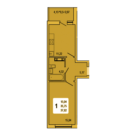 1 комнатная 37.82м²