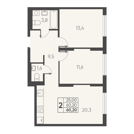 2 комнатная 60.20м²