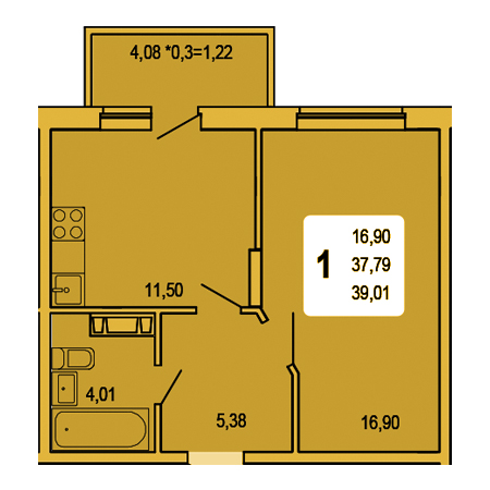 1 комнатная 39.01м²