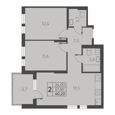 2 комнатная 60.20м²