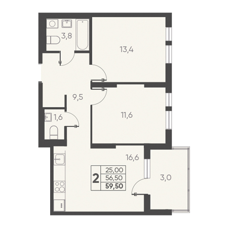 2 комнатная 59.50м²