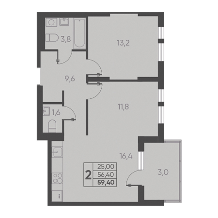 2 комнатная 59.40м²