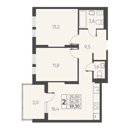 2 комнатная 59.30м²