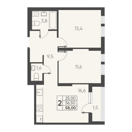 2 комнатная 58.00м²