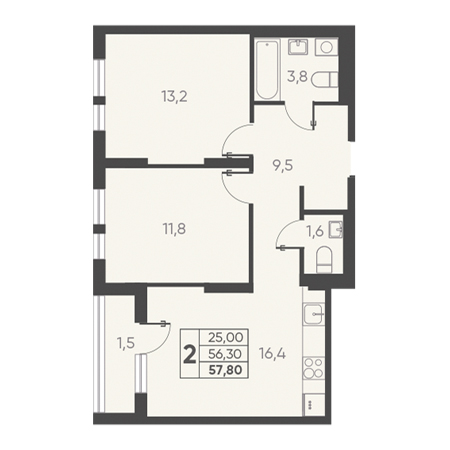 2 комнатная 57.80м²