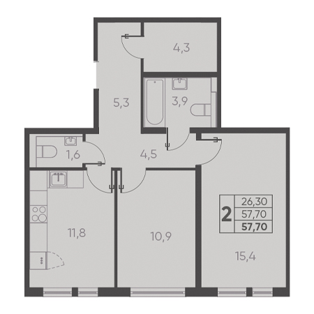 2 комнатная 57.70м²