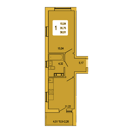 1 комнатная 38.01м²