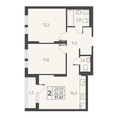 2 комнатная 57.60м²